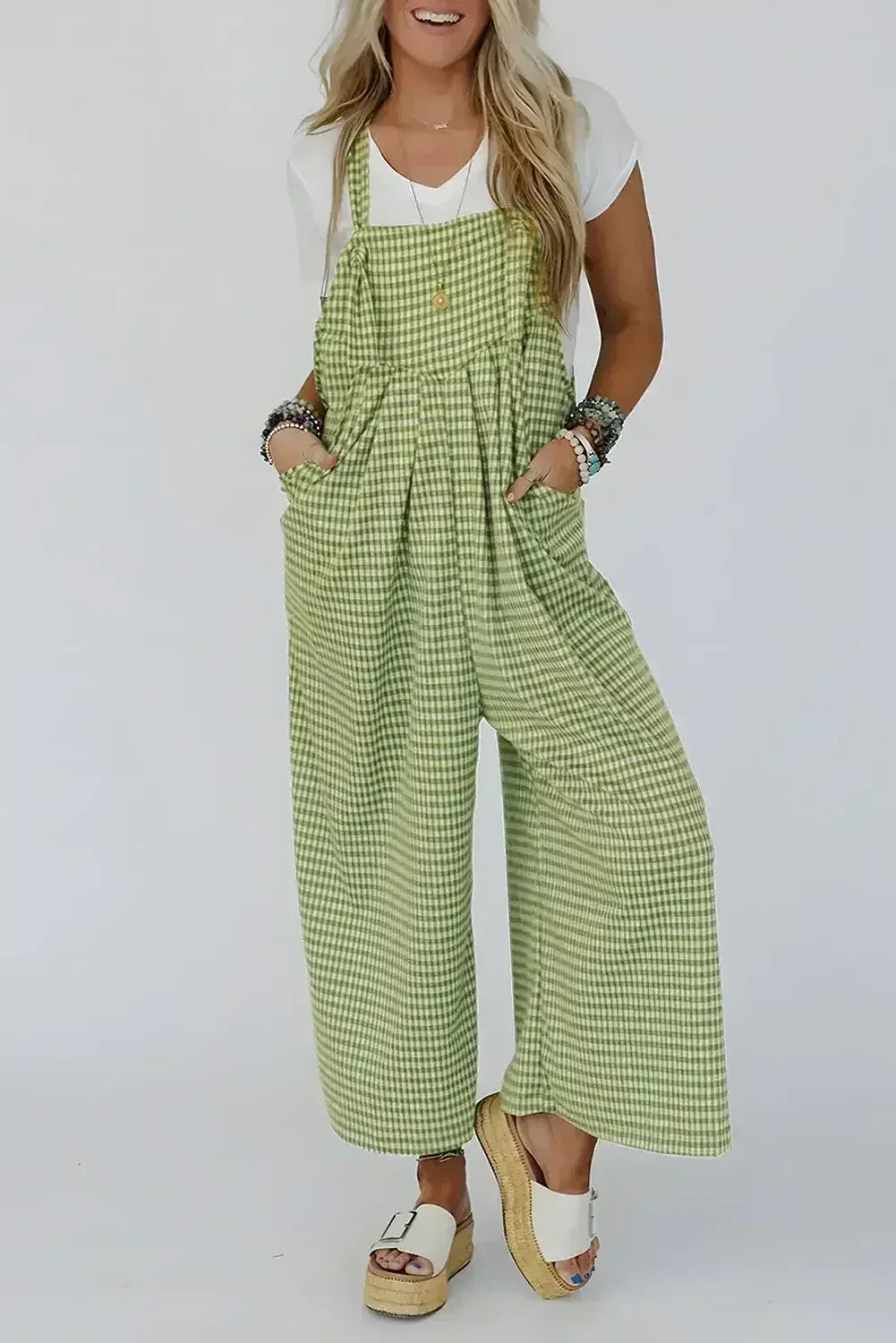 Green Gingham Wide Leg Pockets Loose Overall