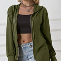 Women's Military Green Casual Sports Hooded Sweatshirt With Drawstring Zipper Jacket, Lightweight Top - SJB-DIAMOND ELITES