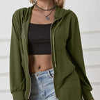 Women's Military Green Casual Sports Hooded Sweatshirt With Drawstring Zipper Jacket, Lightweight Top - SJB-DIAMOND ELITES