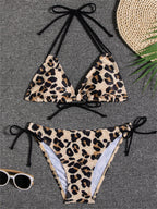 Sunset Bloom 2-Piece Triangle Bikini Set for Women – Vibrant Random Floral Print Halter Neck Swimsuit with Tie-Back Tie-Side Bottoms & High Cut Legs – Women's High-Stretch Swimwear for Summer Beach Escapes
