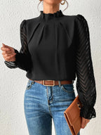 Women's Half-turtleneck Stitching Wavy Chiffon Long-sleeved Top Pi-Mart