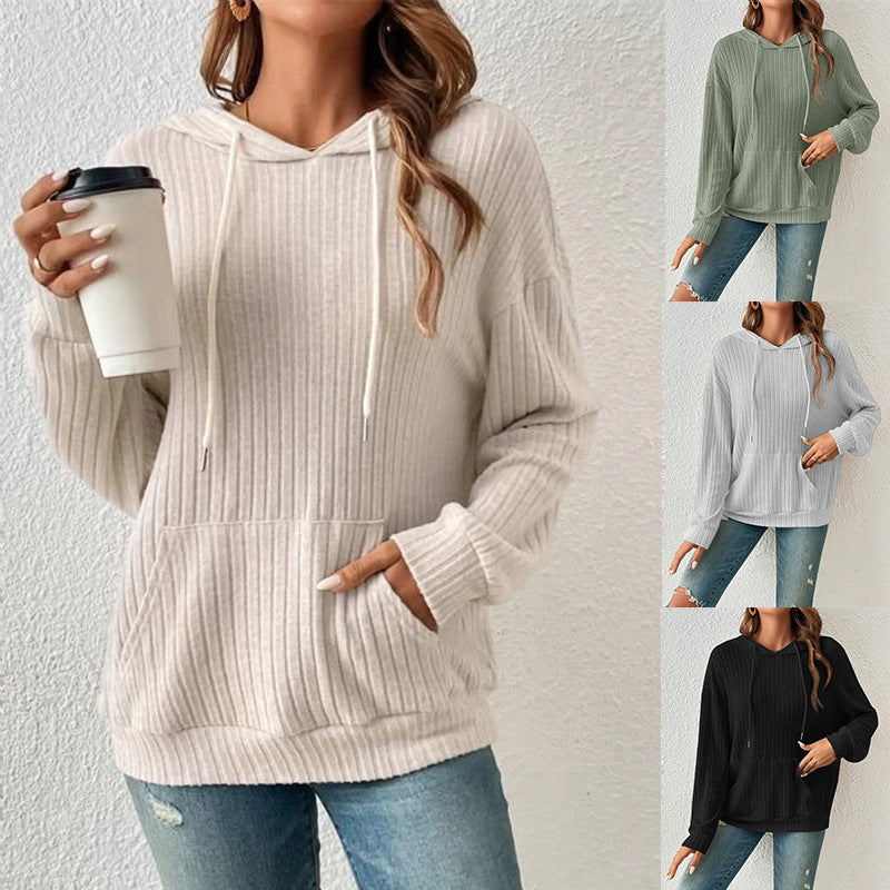 Fashion Drawstring Long-sleeved Hooded Sweatshirt With Pockets Solid Sunken Stripe Hoodie Knitwear Womens Clothing Pi-Mart