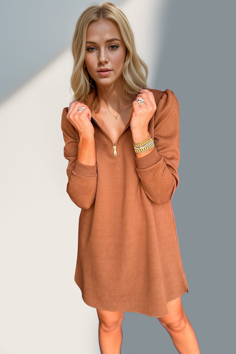 Double Take Textured Zip Long Sleeve Dress Classic Zip-Up Dress for Women Comfortable Outdoor Dress Stevvex