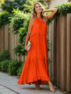 Ruffled Sleeveless Tiered Maxi Dress with Pockets