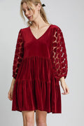 Dotted Lace Sleeve Tiered Velvet Mini Dress For Women – Vintage Lace Dress, Tiered Velvet Dress, Elegant Party Dress, Whimsical Lace Sleeve Dress, Chic Mini Dress Stevvex