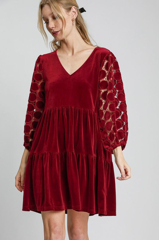 Dotted Lace Sleeve Tiered Velvet Mini Dress For Women – Vintage Lace Dress, Tiered Velvet Dress, Elegant Party Dress, Whimsical Lace Sleeve Dress, Chic Mini Dress Stevvex