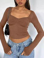 Long Sleeve Sweetheart Neck Crop T-Shirt