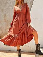 Ruched V-Neck Long Sleeve Midi Dress