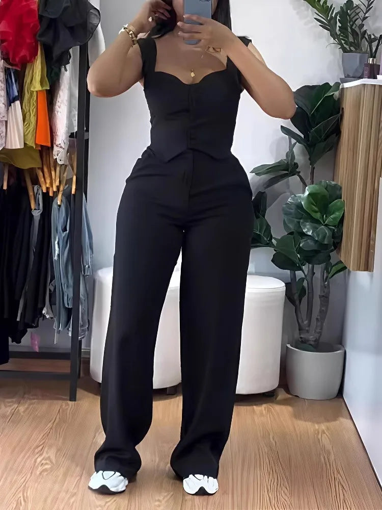 Chic Women Suit Y2k Sexy Two Piece Set Summer Sleeveless Slim Vest And Wide-leg Trouser Sets Elegant Solid Pants Women's Outfit Purplish Diva