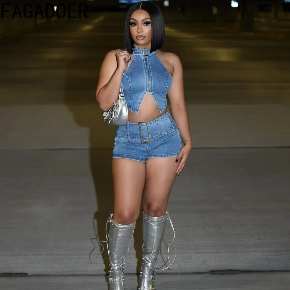 FAGADOER Y2K Sexy Denim 2 Piece Sets Woman Outfit Zipper Sleeveless Backless Halter Crop Top and Shorts Suits Female Streetwear Purplish Diva