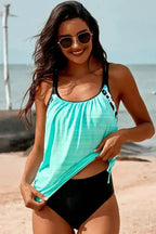 Sky Blue Tankini Swimsuit – Printed Lined Top w/ Adjustable Drawstring