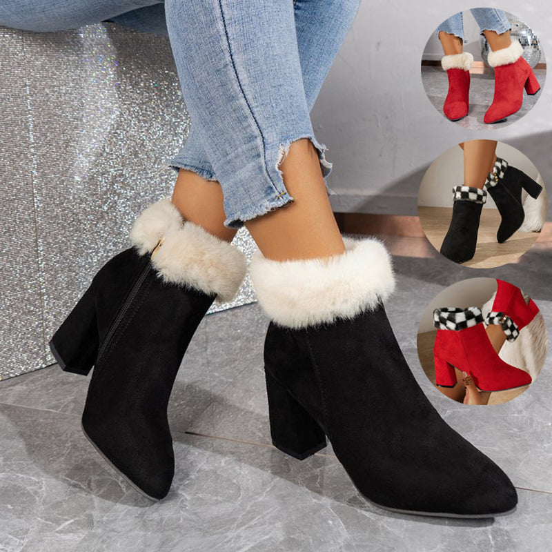 New Plaid Print Plush Ankle Boots Winter Fashoin Square Heel Suede Boots Women Casual Versatile Shoes Autumn And Winter Pi-Mart