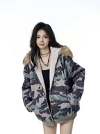 American Vintage Army Green Camouflage Fur Collar Hood Jacket Pi-Mart