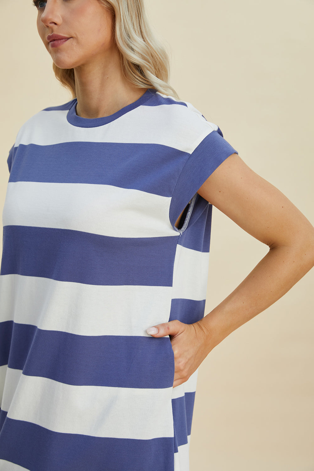 Full Size Striped Round Neck Cap Sleeve Mini Dress For Women – Striped Mini Dress, Full-Size Round Neck Dress, Comfortable Cap Sleeve Dress, Chic Striped Dress, Flattering Mini Dress, Casual Everyday Dress, Versatile Striped Dress Stevvex