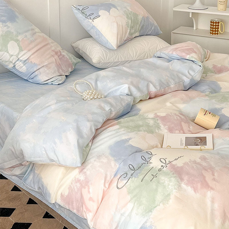 Washed Cotton Bedding Set - Plant and Flower Pattern Four-Piece Duvet Cover Set Pi-Mart
