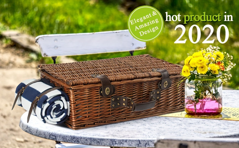 Extra Large Willow Picnic Basket with Service Set for 4 Persons, Natural Wicker Picnic Hamper with Free Food Cooler, Fleece Blanket and Tableware - Best Gift Lootquake LLC