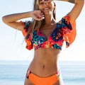 Bloom Day Ruffle Bikini Set – Chic Elegant Plant Print V-Neck Swimsuit with Tie-Back and High-Stretch Ruffle Trim – Women's 2-Piece Swimwear for Poolside Style & King’s Day Celebrations Stevvex