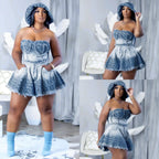 Denim Women Skirts Suit Sexy Strapless Short Tops Print Ensemble Backless Pockets Hem Skirt Female Streetwear 2 Piece Sets Purplish Diva