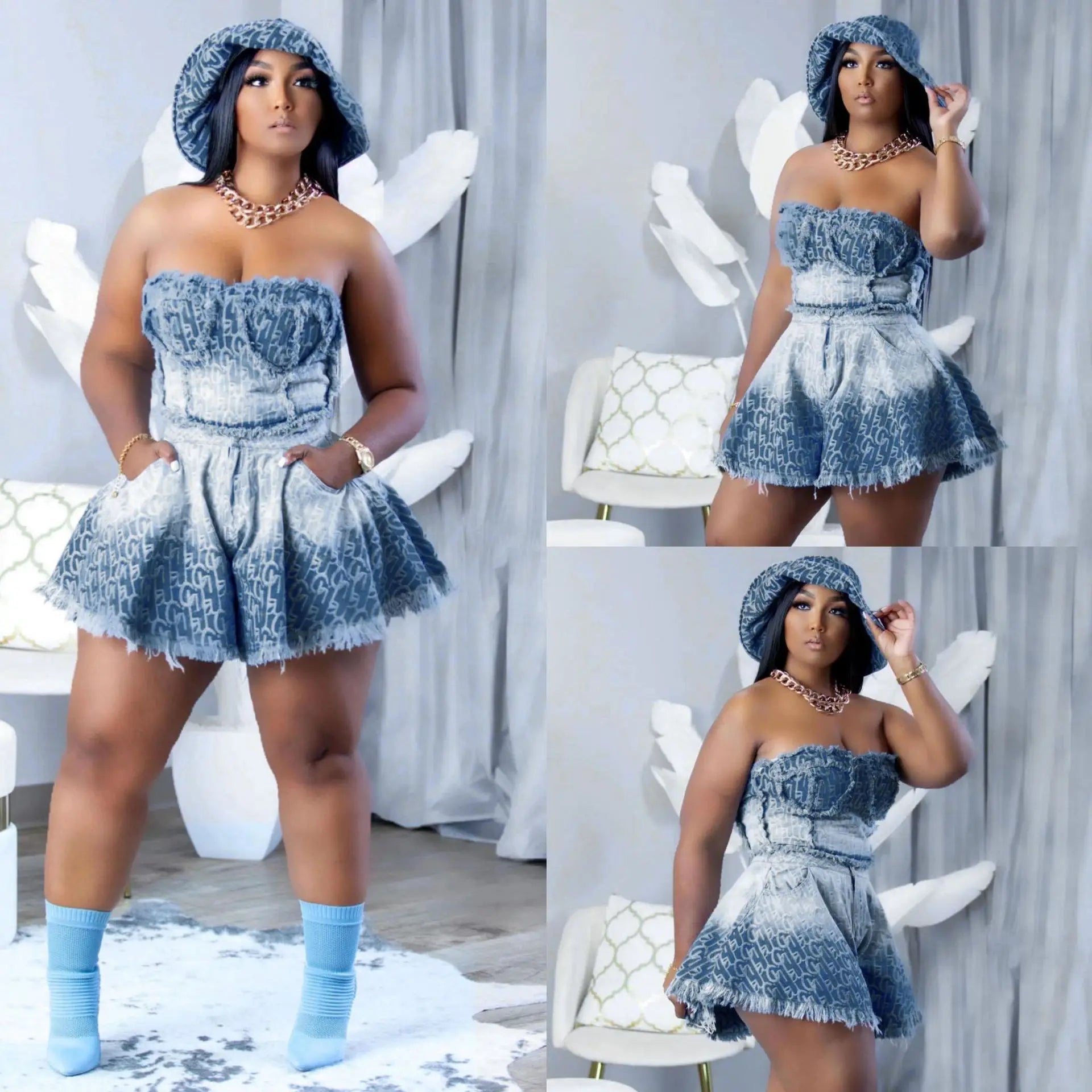 Denim Women Skirts Suit Sexy Strapless Short Tops Print Ensemble Backless Pockets Hem Skirt Female Streetwear 2 Piece Sets Purplish Diva