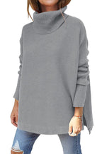 Turtleneck Sweater Mid Length Batwing Sleeve Slit Hem Tunic Pullover Sweaters Winter Tops Women Clothing Pi-Mart