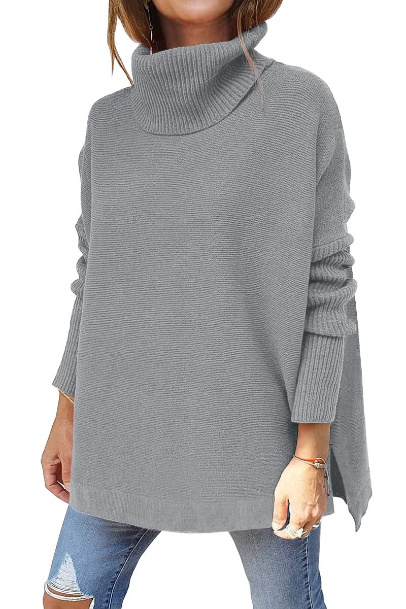 Turtleneck Sweater Mid Length Batwing Sleeve Slit Hem Tunic Pullover Sweaters Winter Tops Women Clothing Pi-Mart