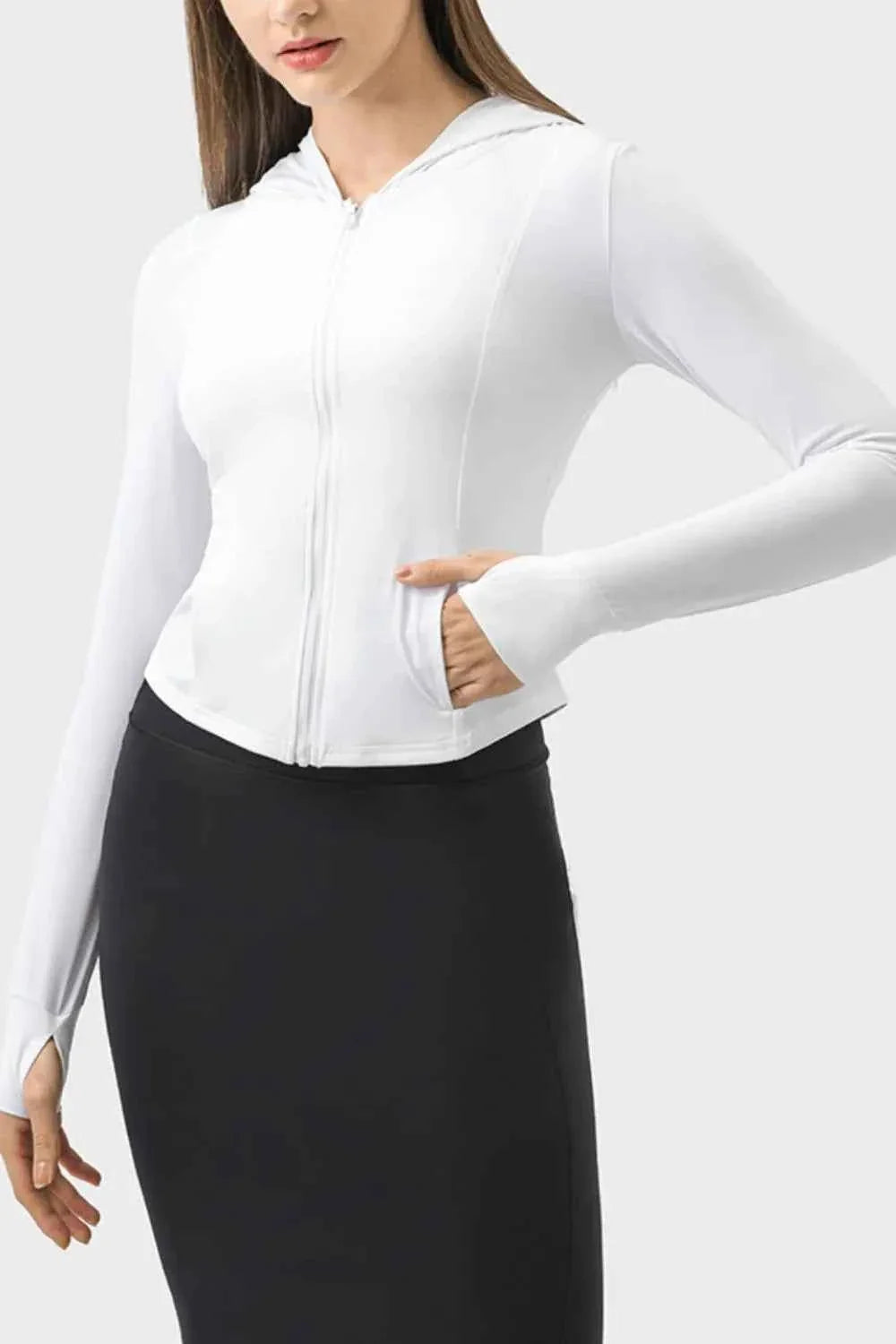 Millennia Pocketed Zip Up Hooded Long Sleeve Active Outerwear THRIXINE
