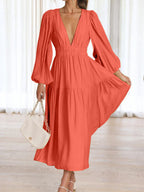 Lightweight Deep V-Neck Balloon Sleeve Maxi Dress Elegant & Flowing Silhouette Unique Dress