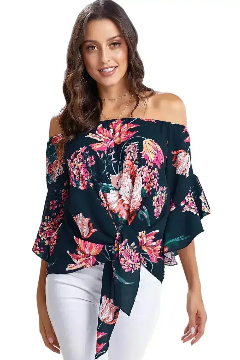 Navy Off Shoulder Floral Tie Front High Low Chiffon Blouse - SJB-DIAMOND ELITES