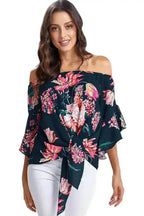 Navy Off Shoulder Floral Tie Front High Low Chiffon Blouse - SJB-DIAMOND ELITES