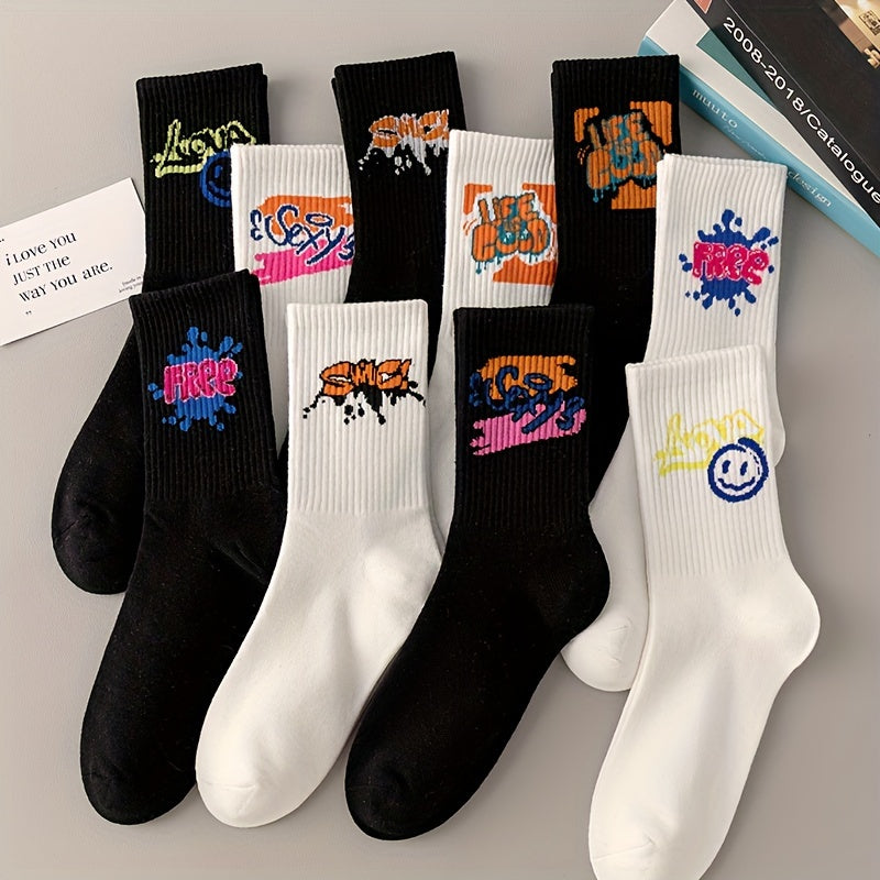 3/6/8/10/12 Pairs Of Medium Length Socks With Graffiti And Spray Painting For Personalized Fashion, Comfort, And Durability Lootquake LLC