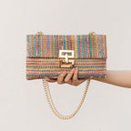 Bag ladies holiday shoulder bag, chain flip lock square purse, straw bag hobo shoulder bag women