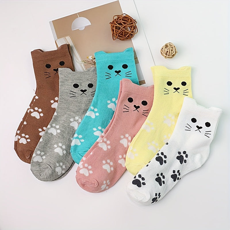 6pcs Cute Cartoon Cat & Paw Print Mid-Calf Socks for Women - Soft Polyester Blend, Machine Washable, Short Socks Lootquake LLC