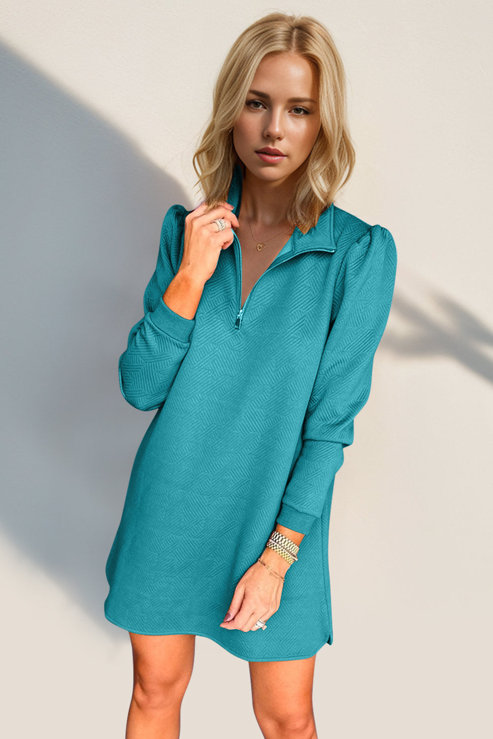 Double Take Textured Zip Long Sleeve Dress Classic Zip-Up Dress for Women Comfortable Outdoor Dress Stevvex