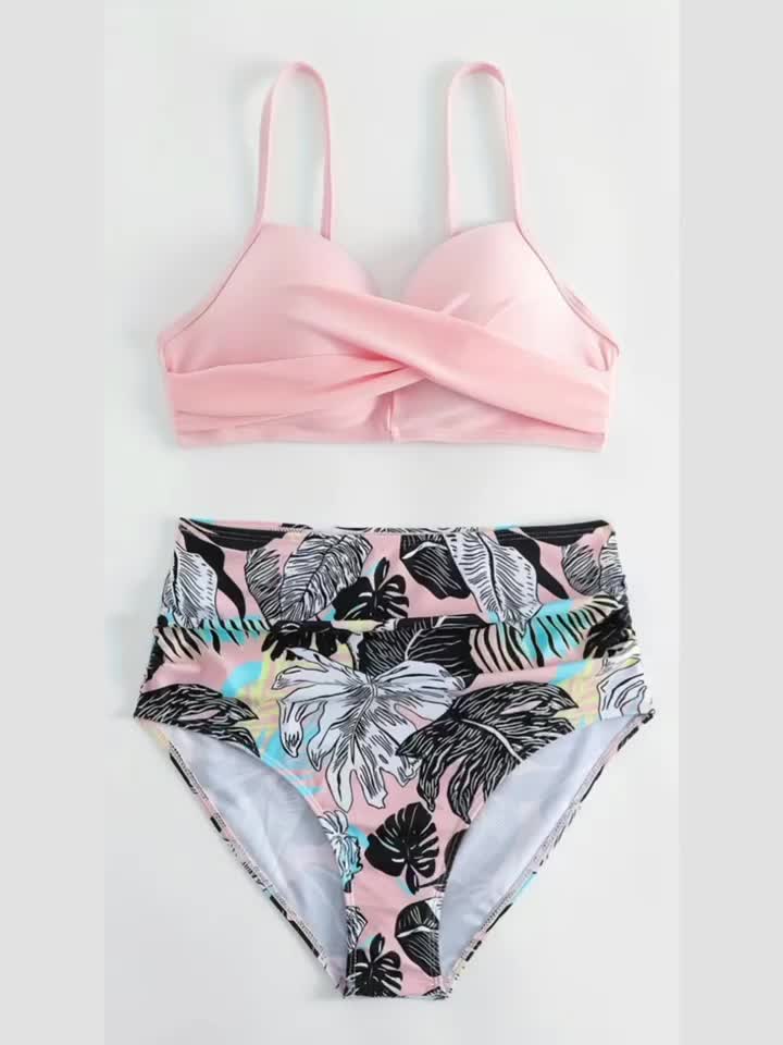 Tropical Vibe High Waist Bikini Set – Flirty V-Neck Swimsuit with Layered Colorblock High Cut Bottom Crisscross Strap Detail & Ultra-Stretch Comfort – Women's Two Piece Swimwear for Summer Beach Pool & Vacation Fun Stevvex