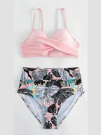 Tropical Vibe High Waist Bikini Set – Flirty V-Neck Swimsuit with Layered Colorblock High Cut Bottom Crisscross Strap Detail & Ultra-Stretch Comfort – Women's Two Piece Swimwear for Summer Beach Pool & Vacation Fun Stevvex