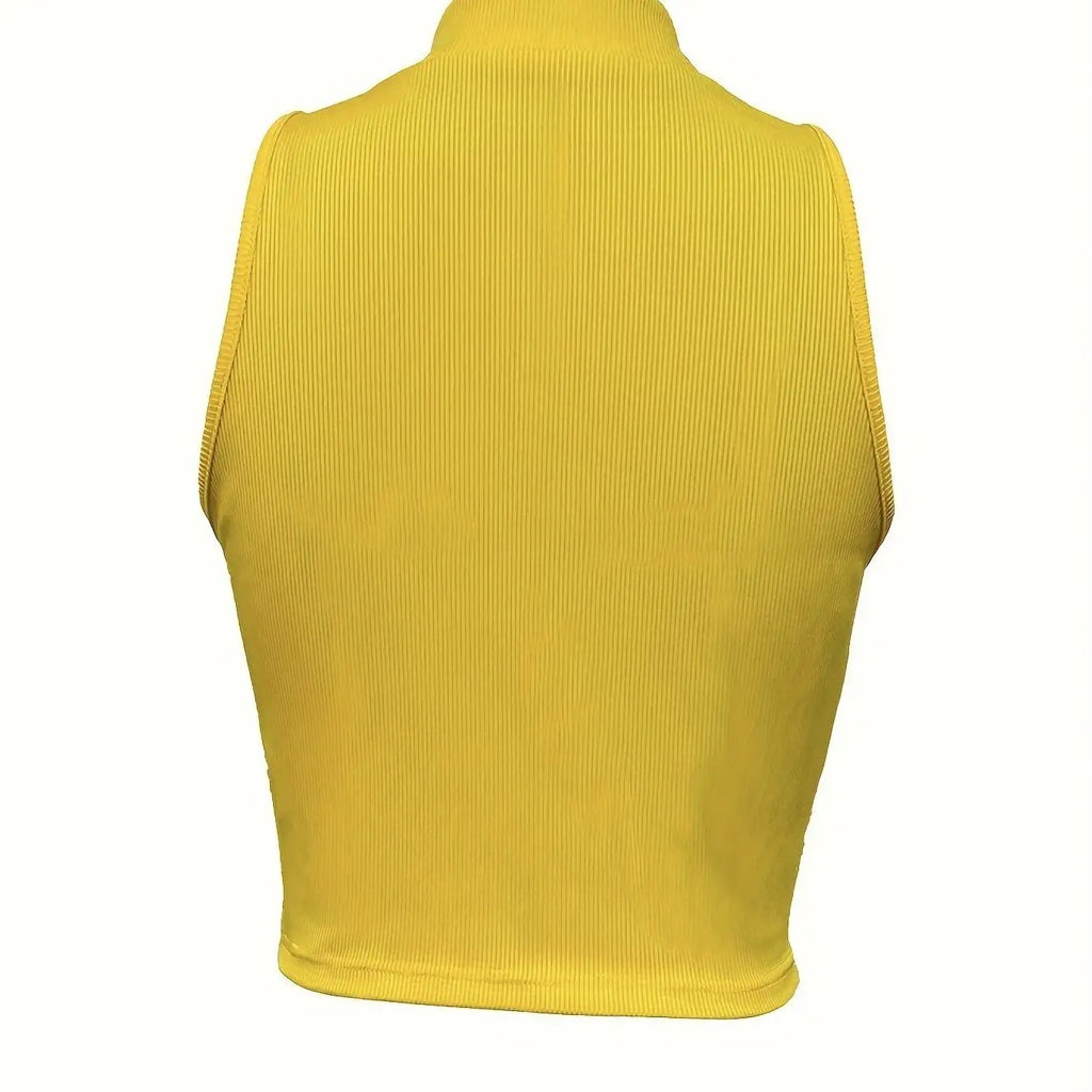Women's Solid Color Ribbed Knit Short Zipper Design Off Shoulder Stand Up Collar Vest Top - SJB-DIAMOND ELITES