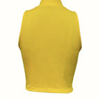 Women's Solid Color Ribbed Knit Short Zipper Design Off Shoulder Stand Up Collar Vest Top - SJB-DIAMOND ELITES