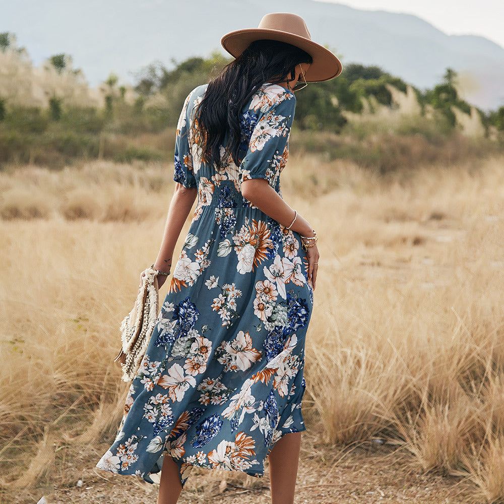 Floral Summer Beach Dress With V Neck Elastic Waist Dresses For Women Pi-Mart