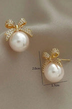 Gold Bowknot Pearl Earrings | Rhinestone Accent Jewelry - Femstylo