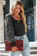 Black Flower Puff Sleeve Ribbed Knit Top - SJB-DIAMOND ELITES