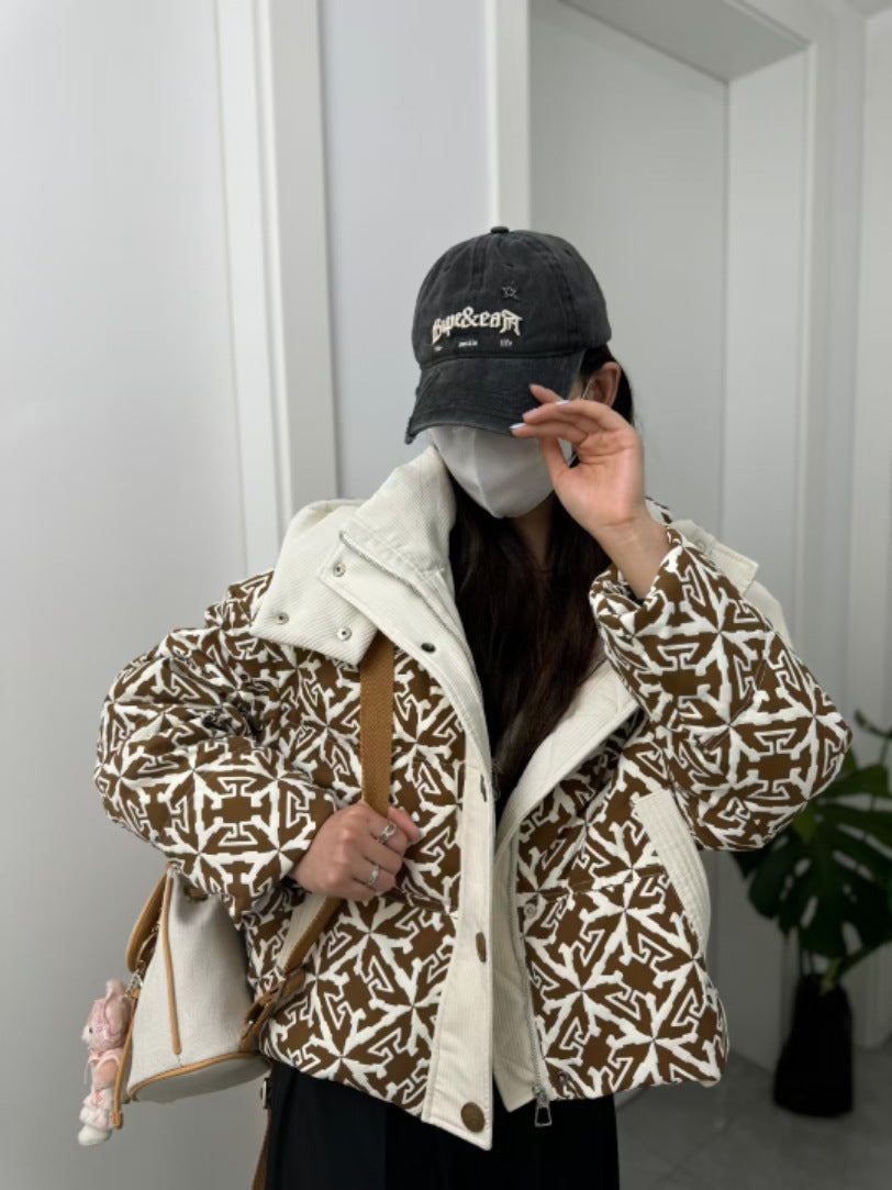 Printed Hooded Down Jacket Women's Short Pi-Mart