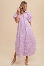 Romantic Floral Detail Puff Sleeve Dress Feminine Elegant Dress for Women Long Dress For Summer