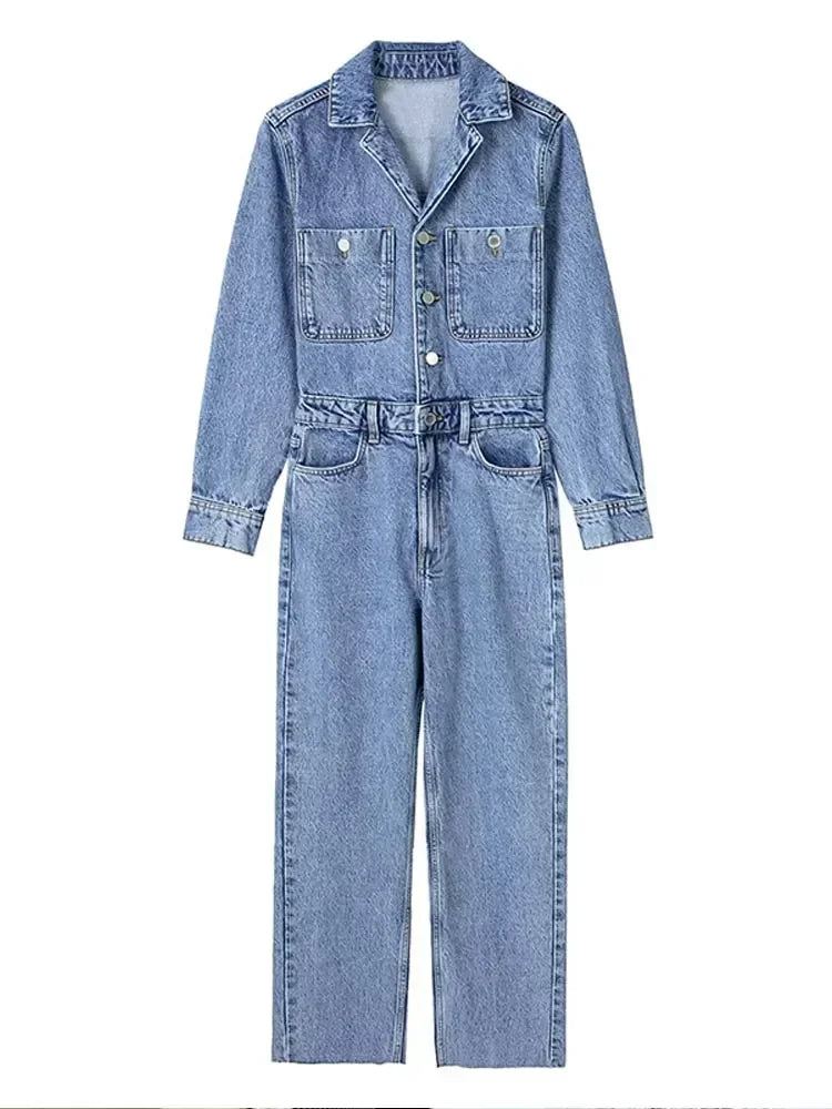 Autumn Denim Jumpsuit for Women Overalls Woman Jean Overalls Long Sleeve Elegant Jumpsuits Y2k Streetwear 2024 Turn Down Collar Purplish Diva