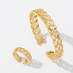 2Pcs Fashion 18k Gold Plated Wheat Ear Leaves Opening Bracelet Ring Set Suitable For Women's Daily Wear Holiday Jewelry Gifts
