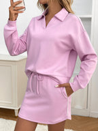 Casual Sport Lapel Long Sleeve Top With Pocket Skirt Set Pi-Mart