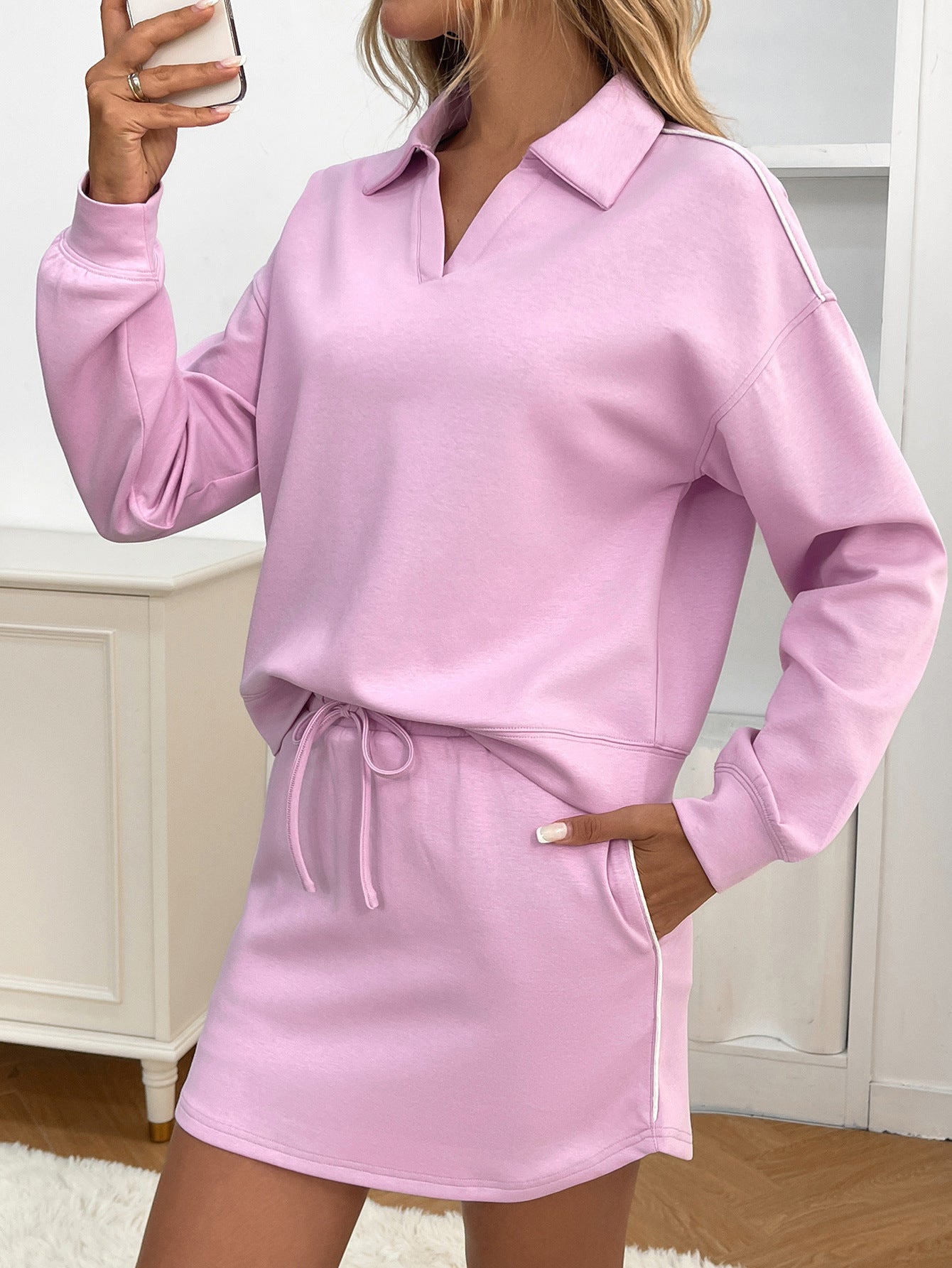 Casual Sport Lapel Long Sleeve Top With Pocket Skirt Set Pi-Mart