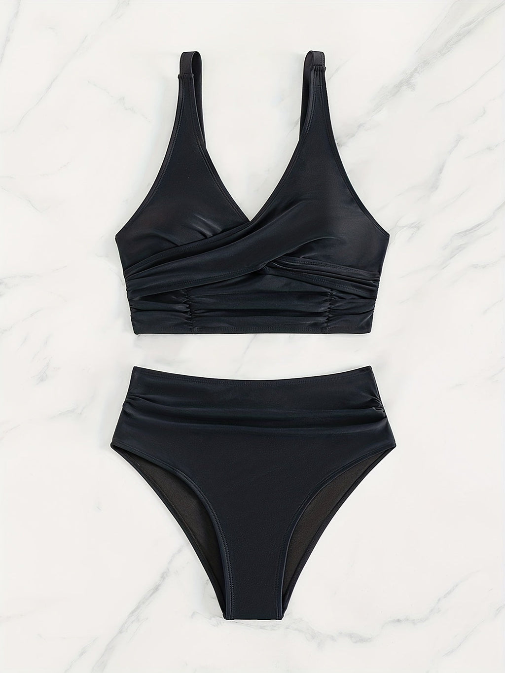 Bikini Solid Black Twist Front High Waist 2 Piece Swimsuit for Women – Stretchy V Neck Bikini Set with Ruched Tummy Control and Cross Strape Detail – Quick Drying Polyamide Swimwear for Beachwear Poolside and Summer Travel Stevvex