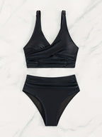 Bikini Solid Black Twist Front High Waist 2 Piece Swimsuit for Women – Stretchy V Neck Bikini Set with Ruched Tummy Control and Cross Strape Detail – Quick Drying Polyamide Swimwear for Beachwear Poolside and Summer Travel Stevvex