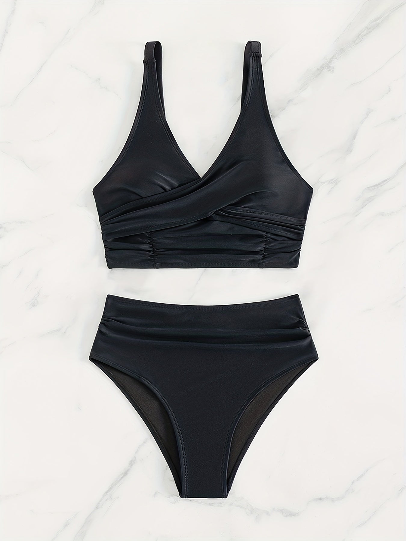 Bikini Solid Black Twist Front High Waist 2 Piece Swimsuit for Women – Stretchy V Neck Bikini Set with Ruched Tummy Control and Cross Strape Detail – Quick Drying Polyamide Swimwear for Beachwear Poolside and Summer Travel Stevvex