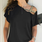 Women's Sequined Gold Shoulder Strap Off Shoulder Cross Off Shoulder Short Sleeved Tie Up T-shirt Top Shirt - SJB-DIAMOND ELITES